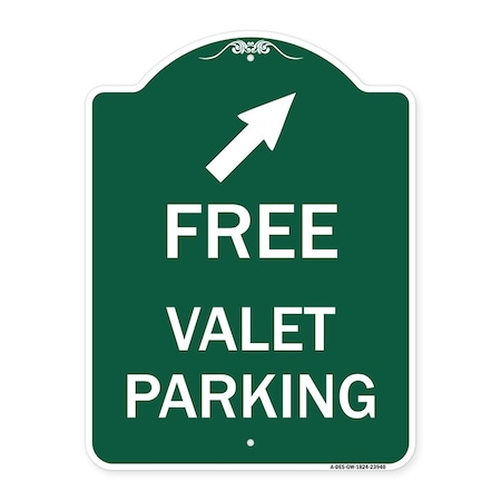 Free Valet Parking With Upper Right Arrow, Green & White Aluminum Architectural Sign